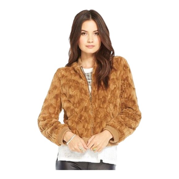 Chaser Vintage Faux Fur Full Zip Bomber Jacket in Tan Retro Vegan Women's Medium - Picture 1 of 10
